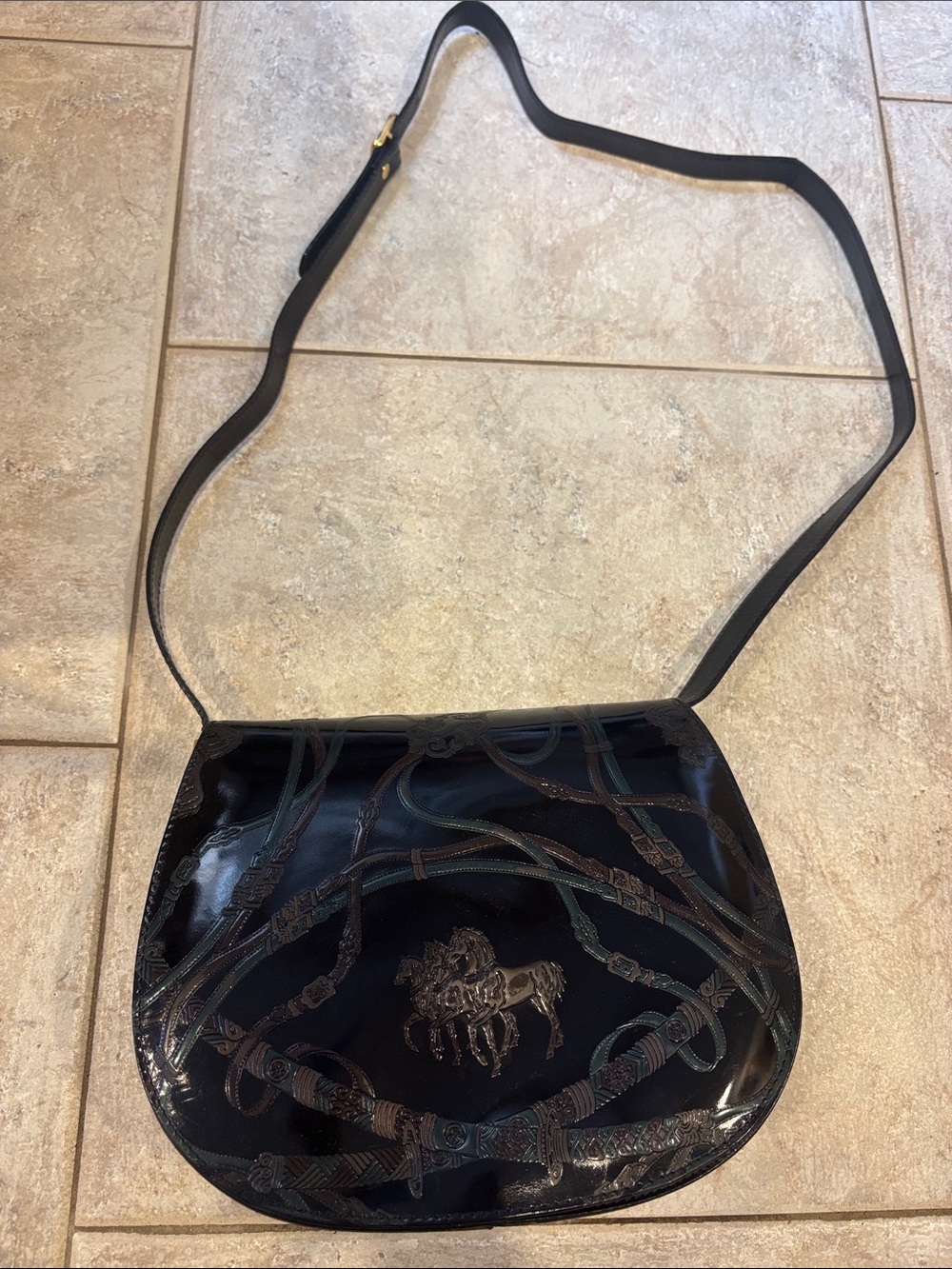 Marco Ricci Venice Collection Black Leather Crossbody Bag with Equestrian Motif